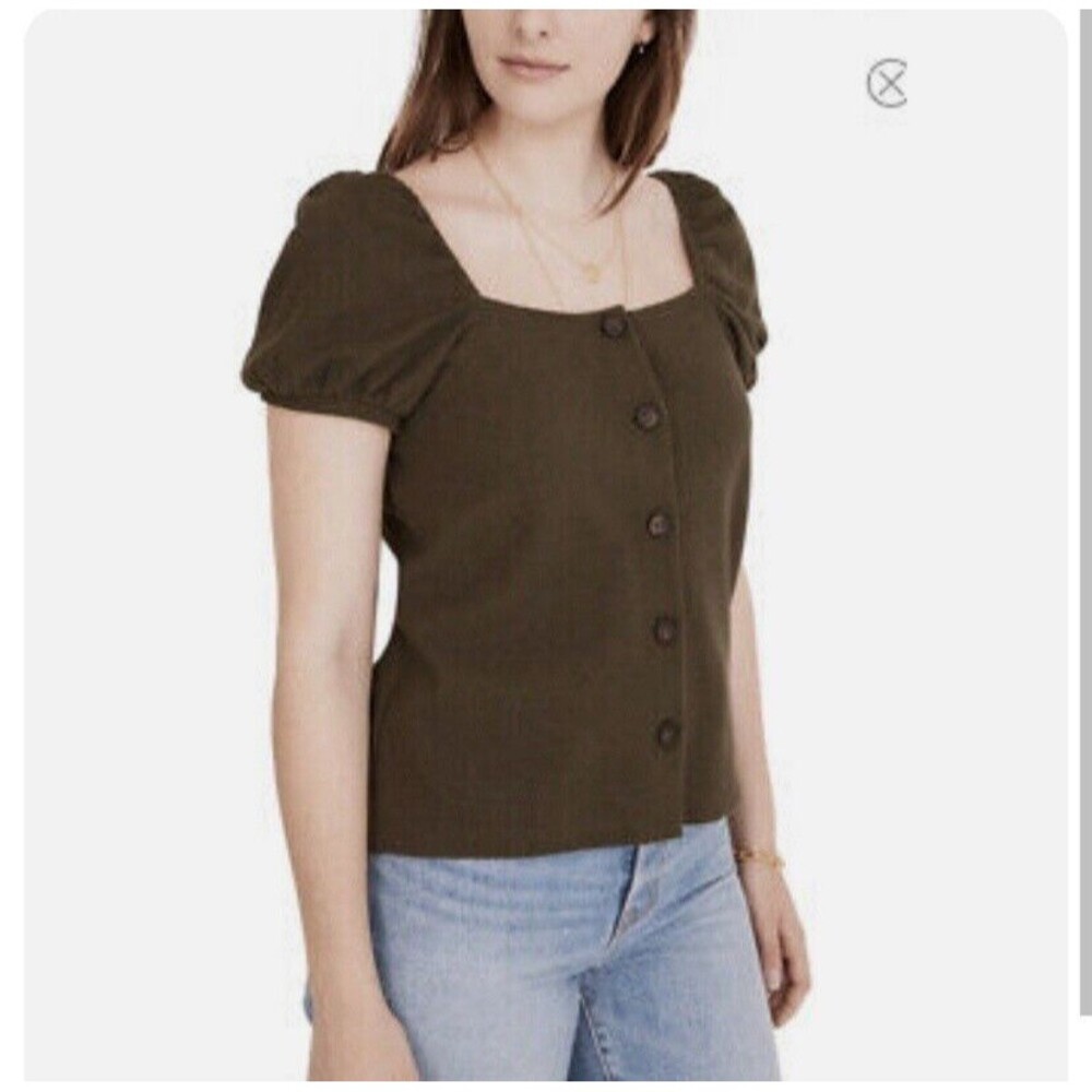 Madewell Top Size L Jacquard Square Neck Puff Sleeve Blouse Green NA409 Buttons